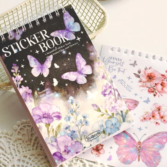 300 Encouraging Floral Stickers PET Butterfly Sticker Book 36 Sheets for Journaling & Self-Care Featuring Daily Use with Stickers