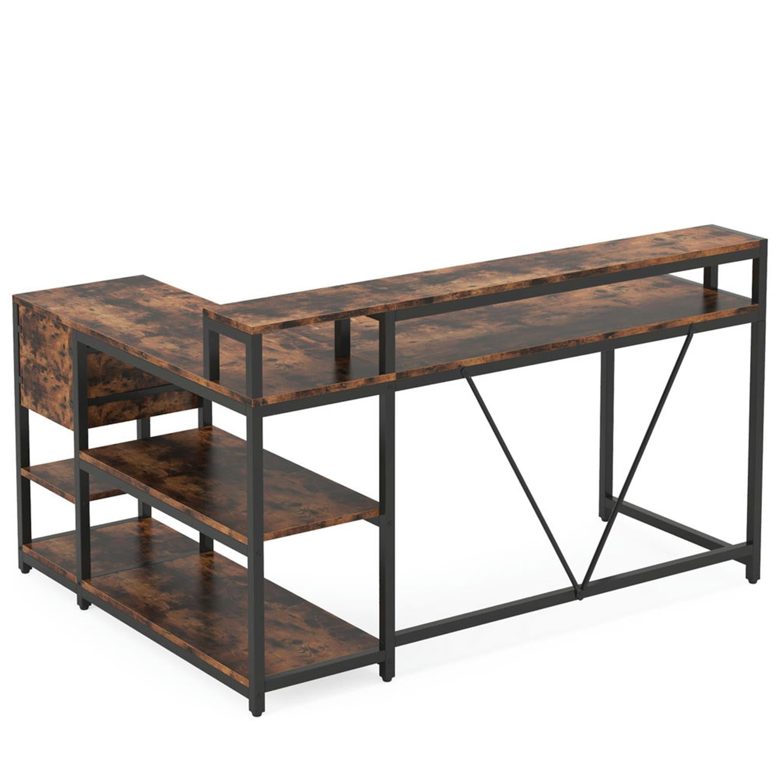 Demi Bonn Industrial L Shaped Gaming Desk, 55" Reversible Corner Executive Desk with Drawers and Shelves for Home Office, Brown