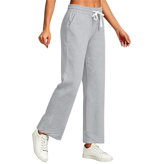 CHGBMOK Linen Pants for Women Drawstring High Waisted Wide Leg Pants Casual Loose Fit Trousers