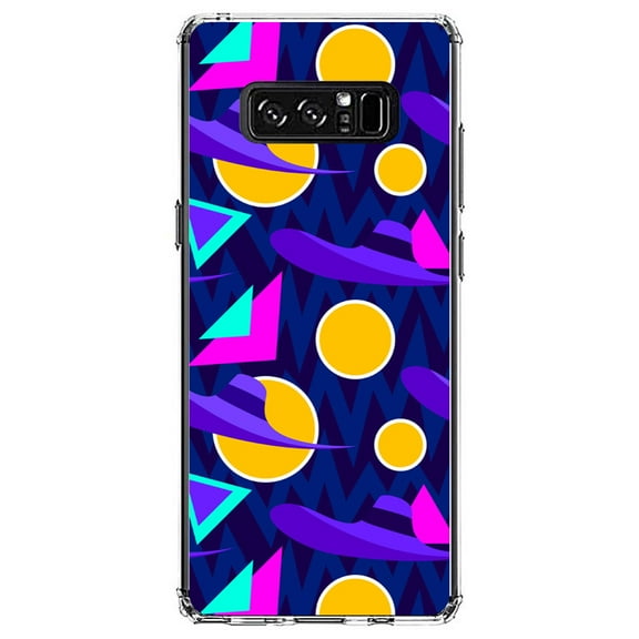 DistinctInk Clear Shockproof Hybrid Case for Samsung Galaxy Note 8 - TPU Bumper, Acrylic Back, Tempered Glass Screen Protector - Pink Purple Yellow 90s Pattern - Relive the 90's