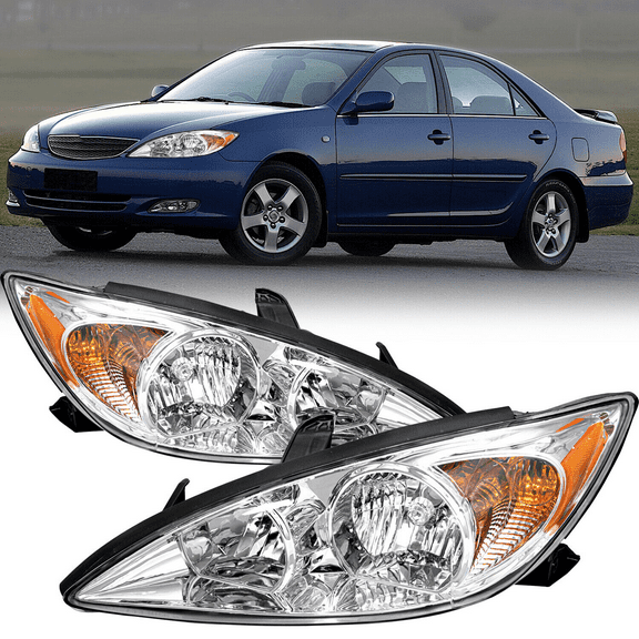 Headlights Assembly For 2002 2003 2004 Toyota Camry Chrome Amber Headlamps L R