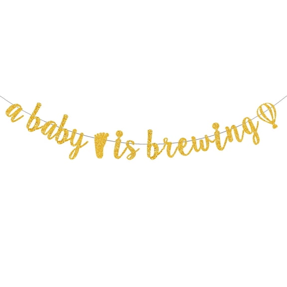 A Baby is Brewing Gold Glitter Sign Garland for Baby Boy, Girl or Gender Reveal Baby Shower Party Decorations Supplies Cursive Bunting Photo Booth Props (Pre-Strung)