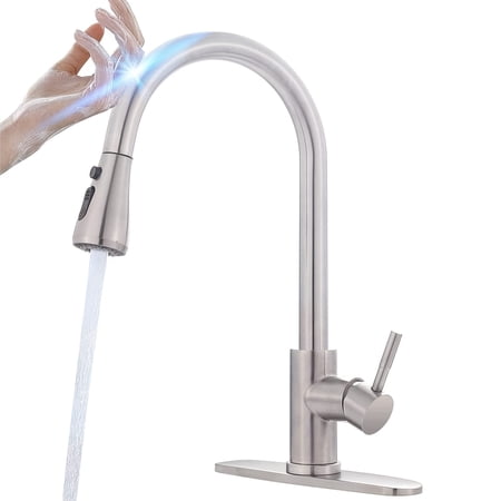 Touch Sensor Kitchen Faucet with Pull Down Sprayer, Motion Activated Single Handle, Deck Plate Included, 304 Stainless Steel, Brushed Nickel & Matte Black Finishes