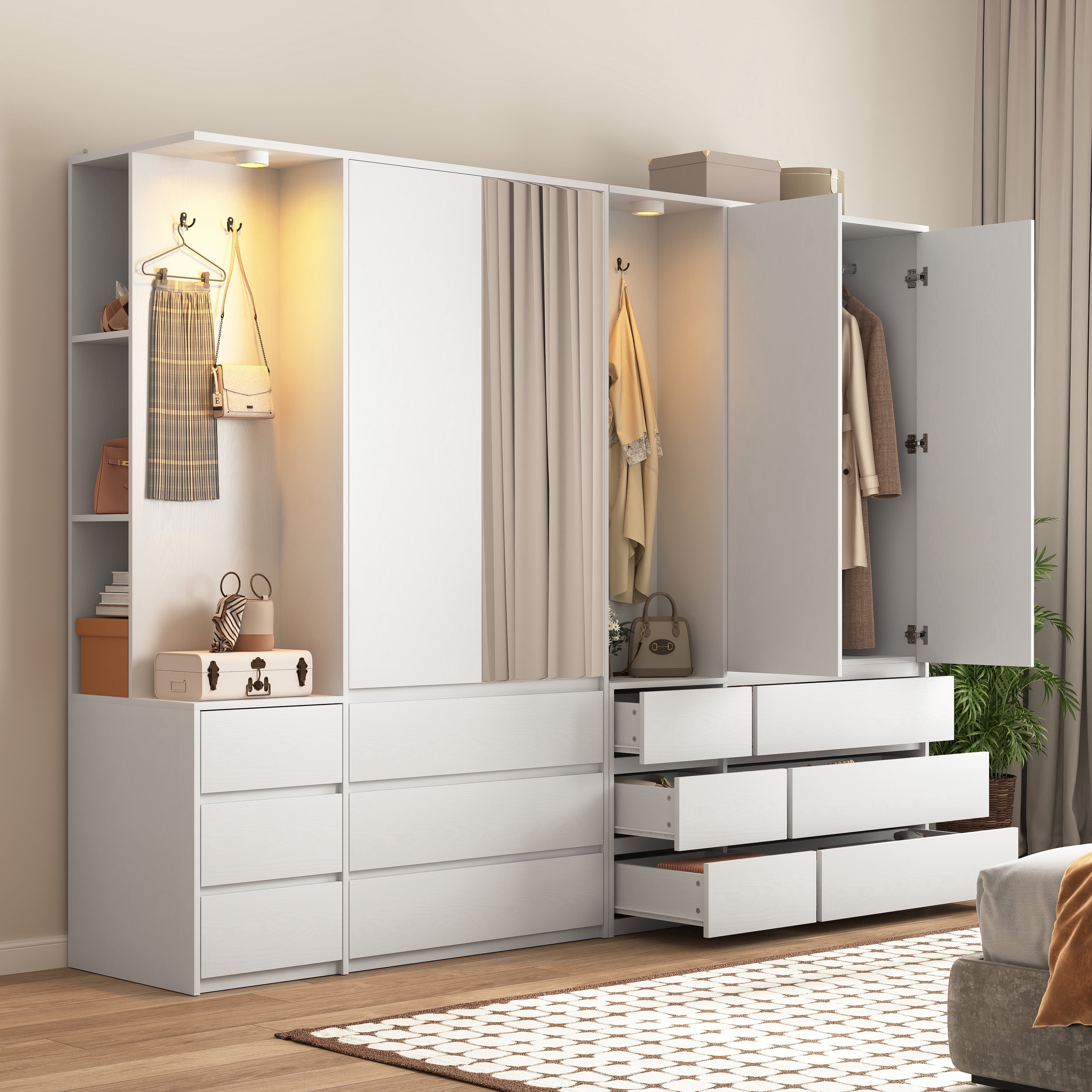 Mintazer Freestanding Wardrobe Armoire with Mirror Door, Open Coat Nook & 6 Drawers, 71" Tall Clothing Storage Cabinet with Hanging Rod & Light for Bedroom, White
