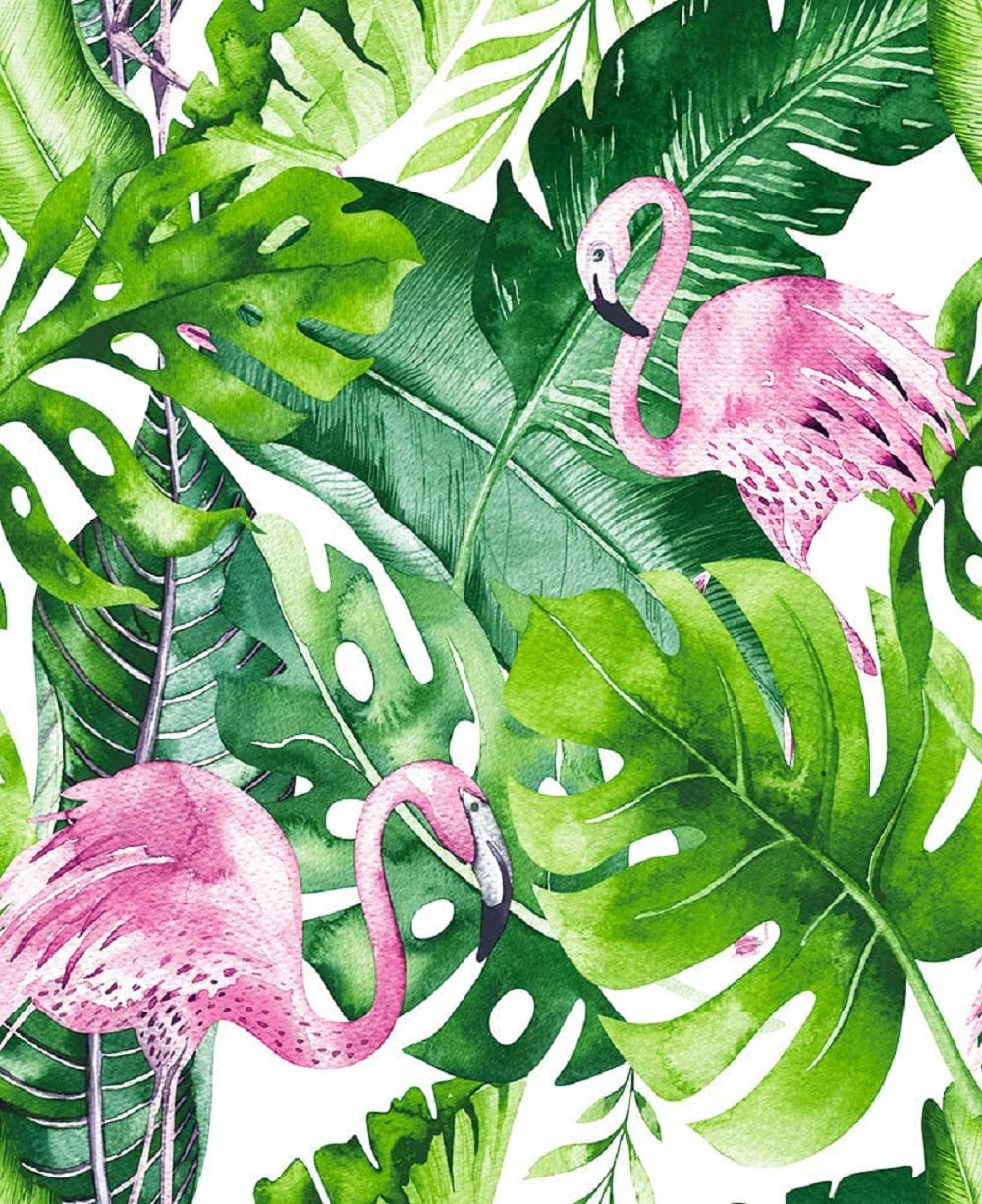 Watercolor Flamingo Tropical Peel and Stick Wallpaper Removable Green/Pink Vinyl Self Adhesive Shelf Liner 17.7in x 9.8ft
