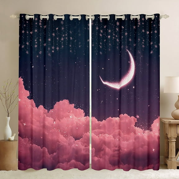 Feelyou Romantic Pink Cloud Black Out Curtains, Mystic Galaxy Moon Curtains Pack of 2 (42x63 Each), Glitter Dreamy Stars Print Bedroom Curtains, Blackout Curtains Room Decor