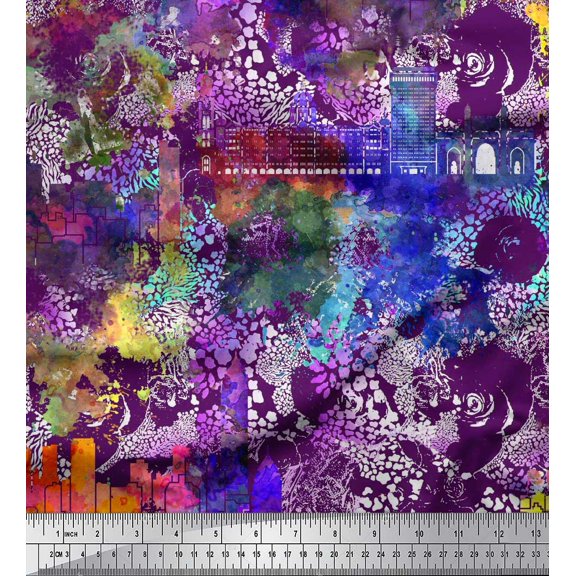 Soimoi Crepe Silk Fabric Brush Stroke & Sketch Monuments Architectural Print Sewing Fabric Yard 42 Inch Wide