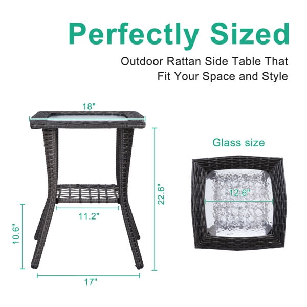 Alvantor Dark Gray Wicker Small Side Table 18 x 18 x 22.6 in Outdoor Patio End Table with Ripple Tempered Glass Top and Lower Shelf