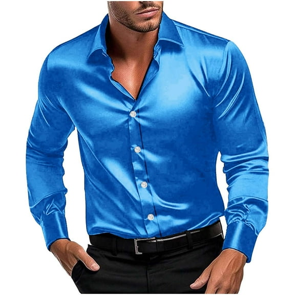 Mens Satin Long Sleeve Shirts Party Dancing Turndown Collar Shirt Vintage Solid Color Casual Blouse Tops