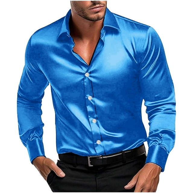 Mens Silk Satin Dress Shirts Shiny Long Sleeve Button Down Shirt for Party Prom Wedding
