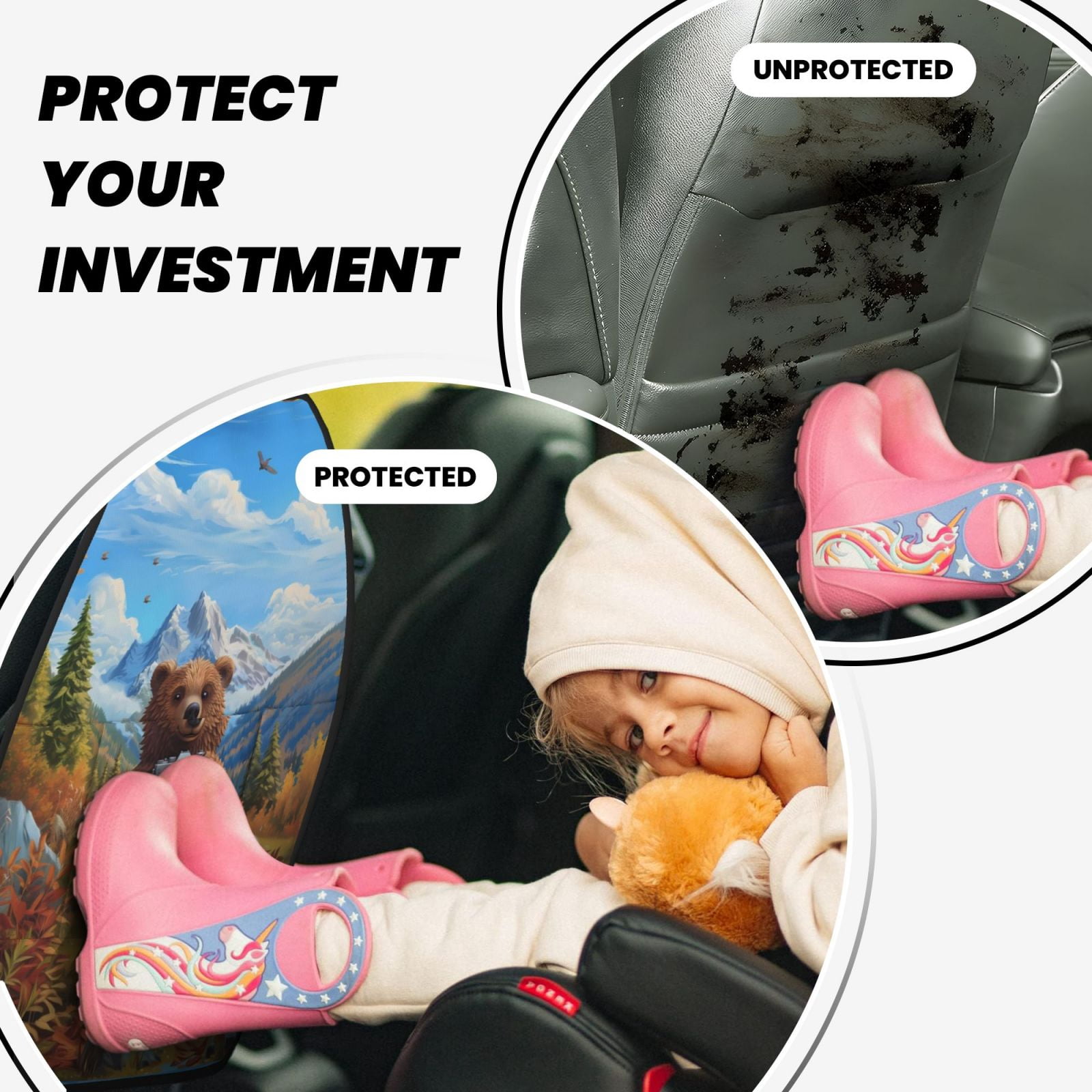 Xecao Snowy Mountain Photography Bear Pattern Car Seat Back Protector 2 Pack Large Capacity Pocket, Kick Mats Back Seat Protector