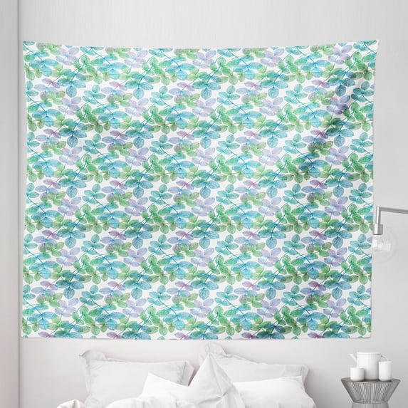 Leaves Tapestry, Composition of Foliage Detailed Arrangement with Ornate Nature Illustration, Fabric Wall Hanging Decor for Bedroom Living Room Dorm, 5 Sizes, Green Blue White, by Ambesonne