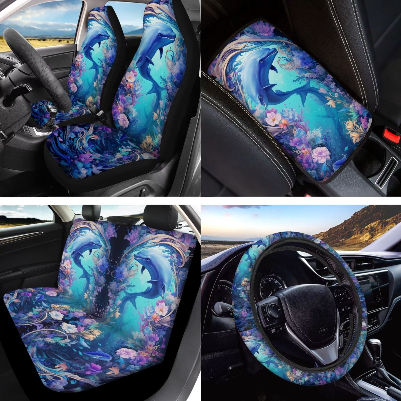 LedBack Dolphin Floral Print Car Seat Covers Set 15 Pcs Car Front and Back Seat Cover Steering Wheel Cover Armrest Pads Covers Headrests Cover Seatbelt Cover Car Coaster Keychain, Blue
