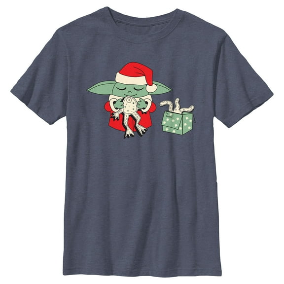 Boy's Star Wars: The Mandalorian Grogu Frog Present Graphic Tee Navy Blue Heather X Large