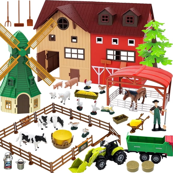 Aijohnny Farm Animals Figurines Set,Barn Toy with Horse Stable, Tractor, Trailer, Windmill and Fence, Birthday Gifts for Kids 3-5 5-8 8-12 Year Old