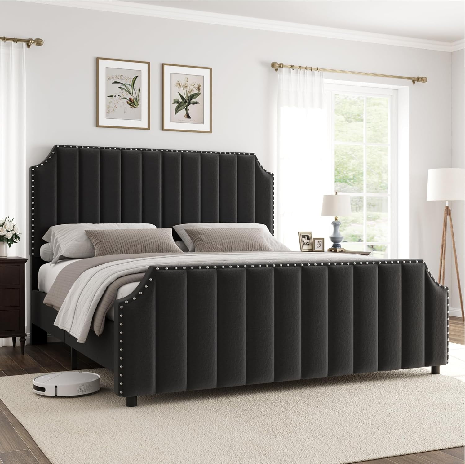 Garvee Queen Size Platform Bed Frame, Velvet Upholstered with 50.2" Channel Tufted Headboard, Nailhead Trim, Sturdy Wood Slats, No Box Spring Needed, Black