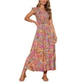 thumbnail image 4 of INSPIRAR CHIC Vestidos de Verano para Mujeres Casual con Mangas Cortas en V Cuello Fruncido Floral con Volantes y Capas Fluidas Maxi Vestido de Playa M Gris Verde, 4 of 5