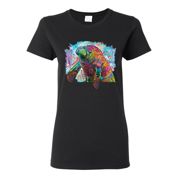 Wild Bobby Rainbow Painted Manatee Dean Russo Design Animal Lover Women Graphic Tee, Black, Small