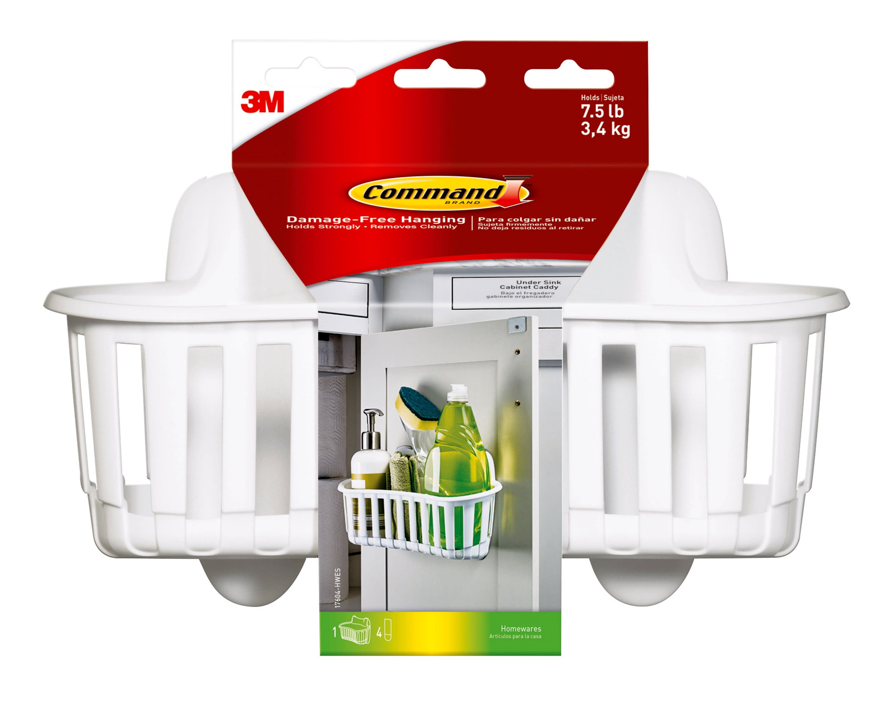 Command Under Sink Cabinet Caddy, White, Holds 7.5lbs, 1 Caddy