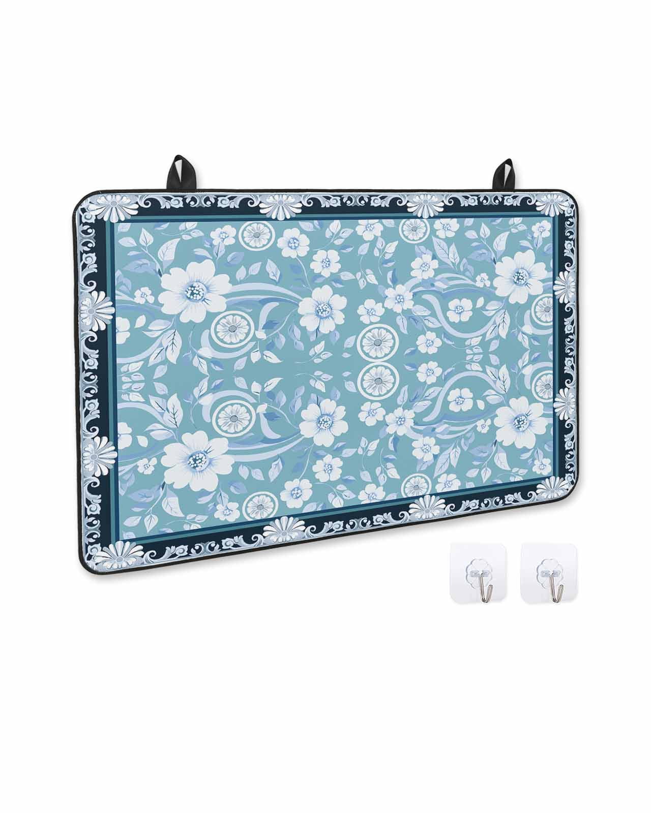 nqOlkjepod Large Induction Cooktop Protector Mat 24"x21", Light Blue White Flowers Stove Top Covers for Electric Stove, Rustic Vintage Botanical Leaves Stove Burner Cover Mats, Glass Top Stove Cover