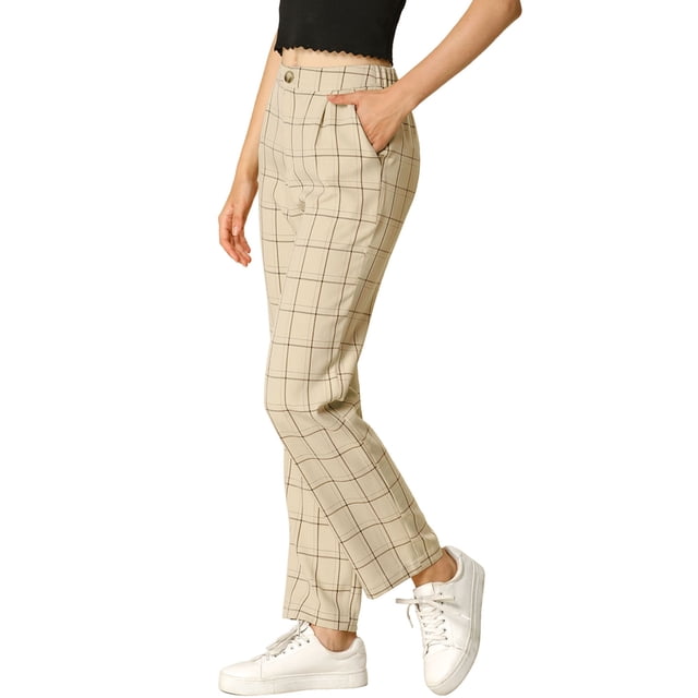 Pantalones a cuadros Allegra K para mujer pierna recta Caqui XL