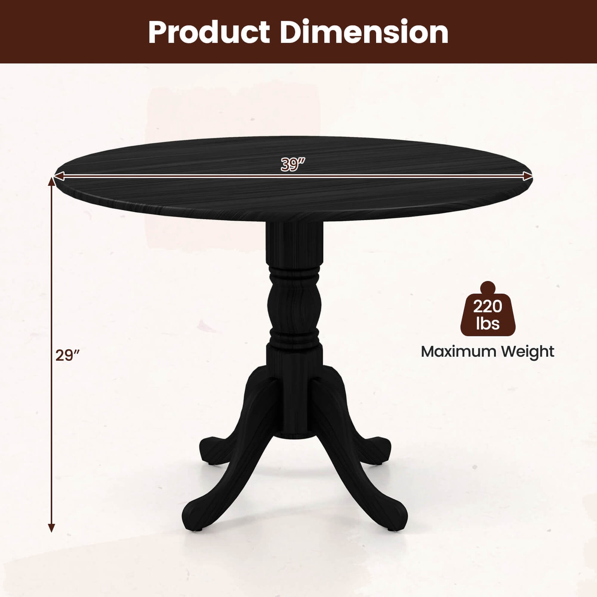 Costway 4-Person Dining Table Wooden Kitchen Table with Solid Rubber Wood Frame for Kitchen Black