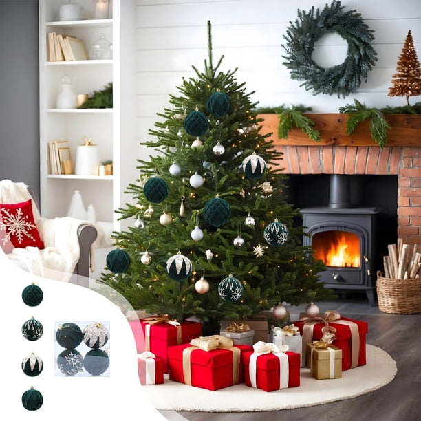 8CM Flocked Christmas Balls Hanging Balls Glitter Plastic Balls Christmas Tree Ornament Set Of Four