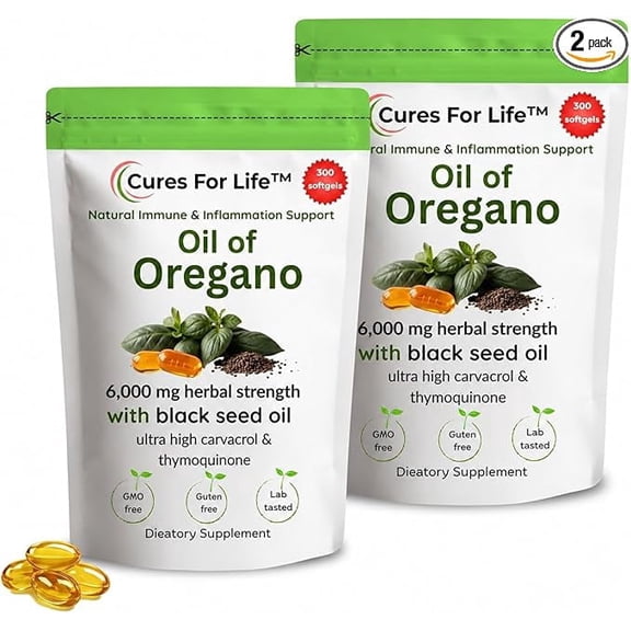 Oil of Oregano Softgels 300 Softgels (Pack of 2)  6000mg High Potency with 165mg Carvacrol & 200mg Black Seed Oil – 2-in-1 Immune Support & Digestive Health – 600 Softgels