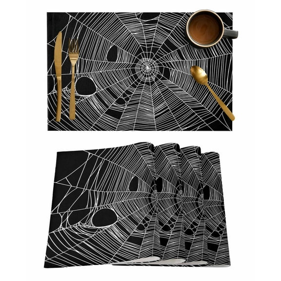 Halloween Spiders Placemats Set of 8 Spiders Web Black Vintage Decoration Heat Insulation Washable Place Mats, Rustic Non-Slip Table Mats for Dining Table Party Kitchen Decor,13x19 Inch