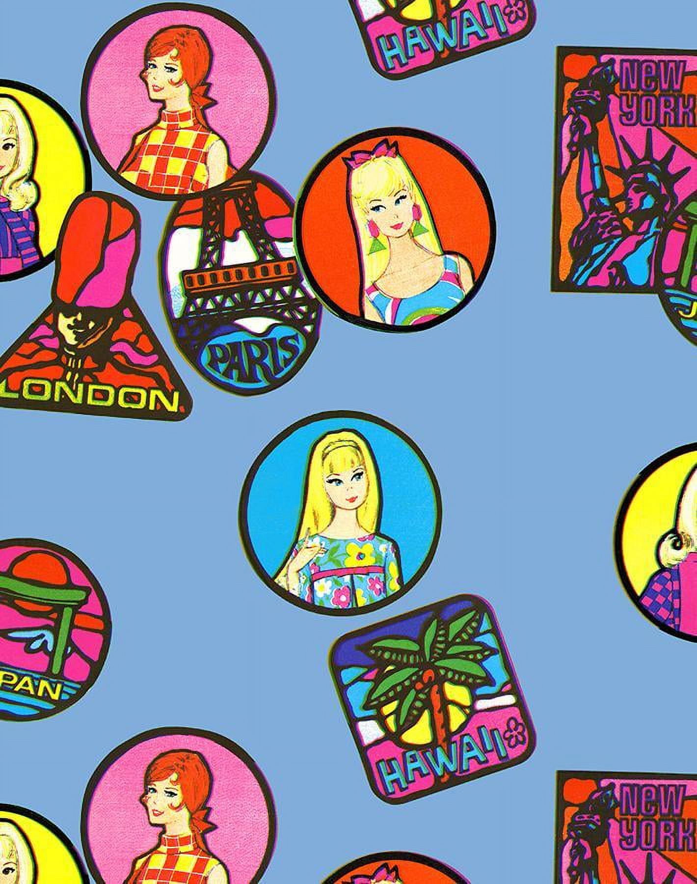 Barbie Travel Patches Removable Vinyl Wallpaper, Denim