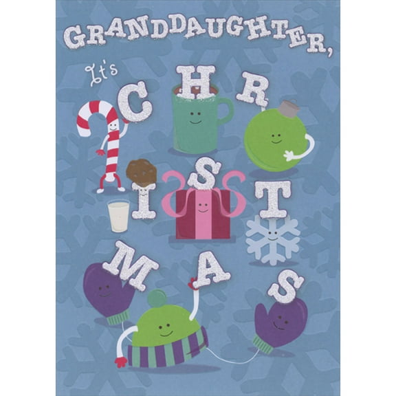 Designer Greetings Smiley Faced Holiday Symbols Holding Christmas Letters Juvenile Christmas Card for Granddaughter