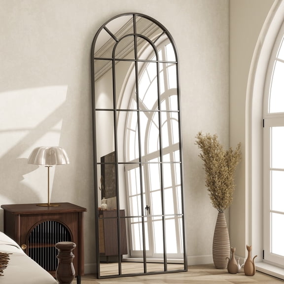 BEAUTYPEAK 65"x 23" Arched Full Length Windowpane Mirror Wall-Decor Mirror,Black