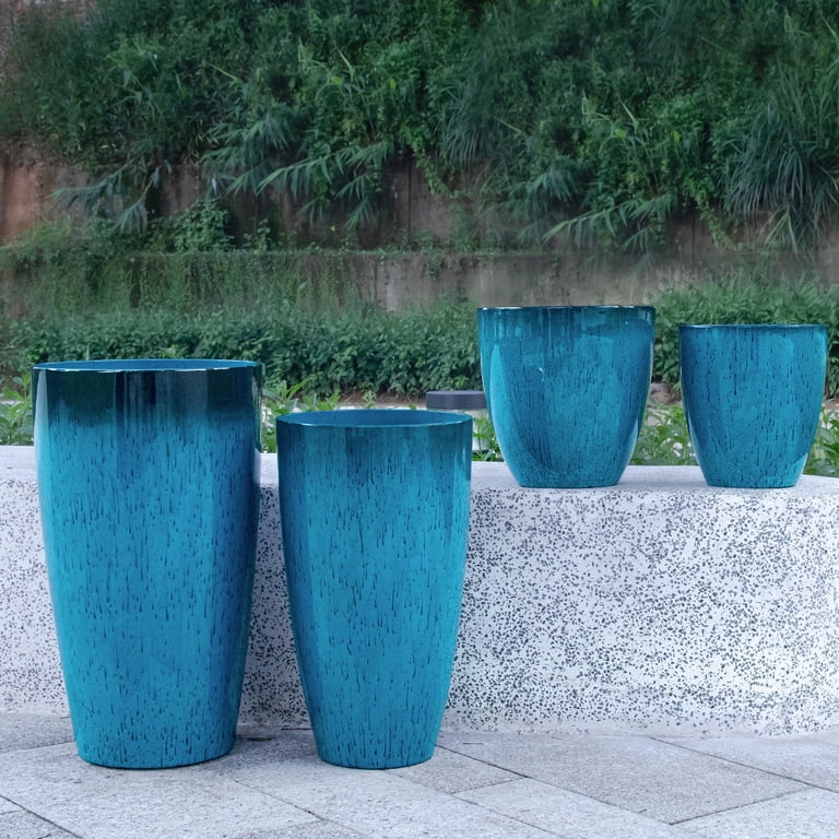 FIASON 4 Pack Large Plastic 24/21/12/10" H Blue Tall Planters, Tall Plant  Pots for Outdoor Indoor with Shelf Inset, Glossy Flower Pot with Drainage  Holes & Mesh Filter Screen for Front Porch