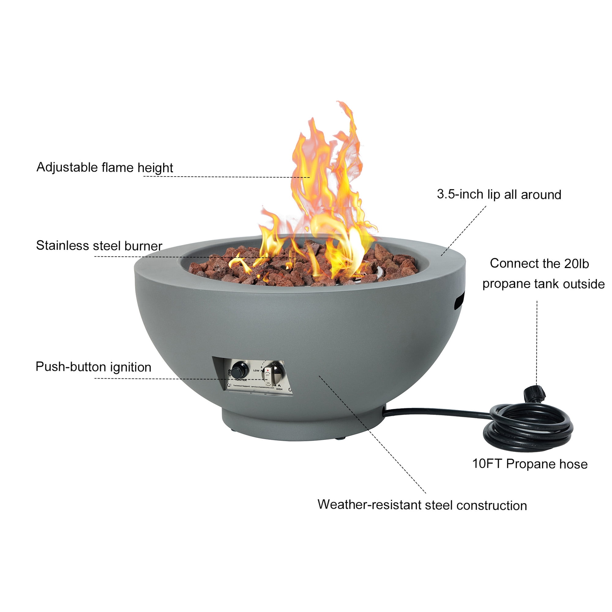 BAIDE HOME 28-inch Propane Fire Pit Table, 58,000 BTU Fire Bowl with Lid, Lava rocks, Cover, pre-attached 10 ft hose, Outdoor Patio Backyard Gas Table