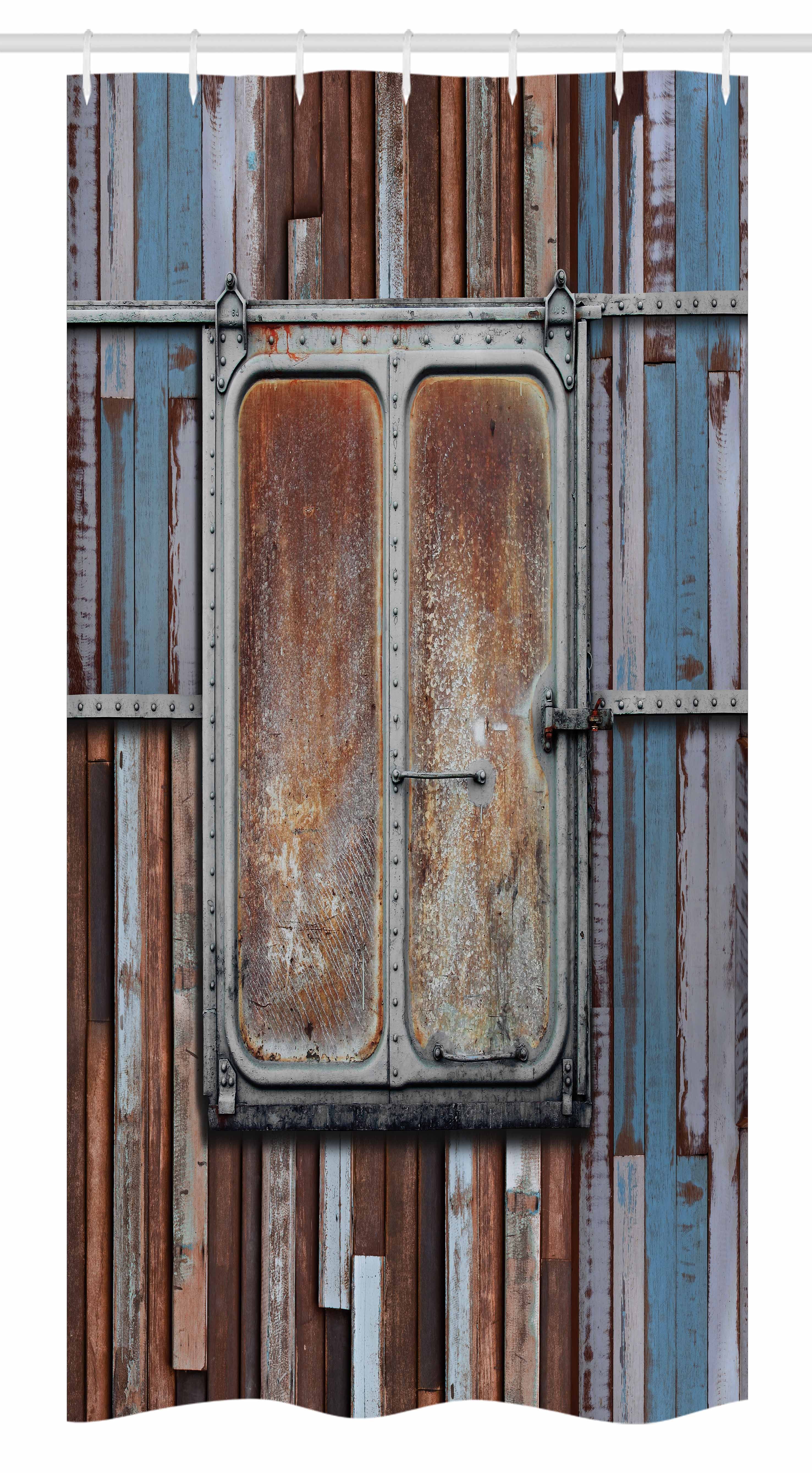 Rustic Stall Shower Curtain, Wooden Colored Planks with Old Rusty Metal