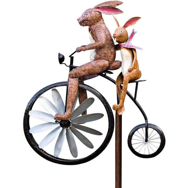 Bicycle Metal Windmill Handmade Bike Frog Cat Bunny Mantis Sculpture for Garden Yard Lawn