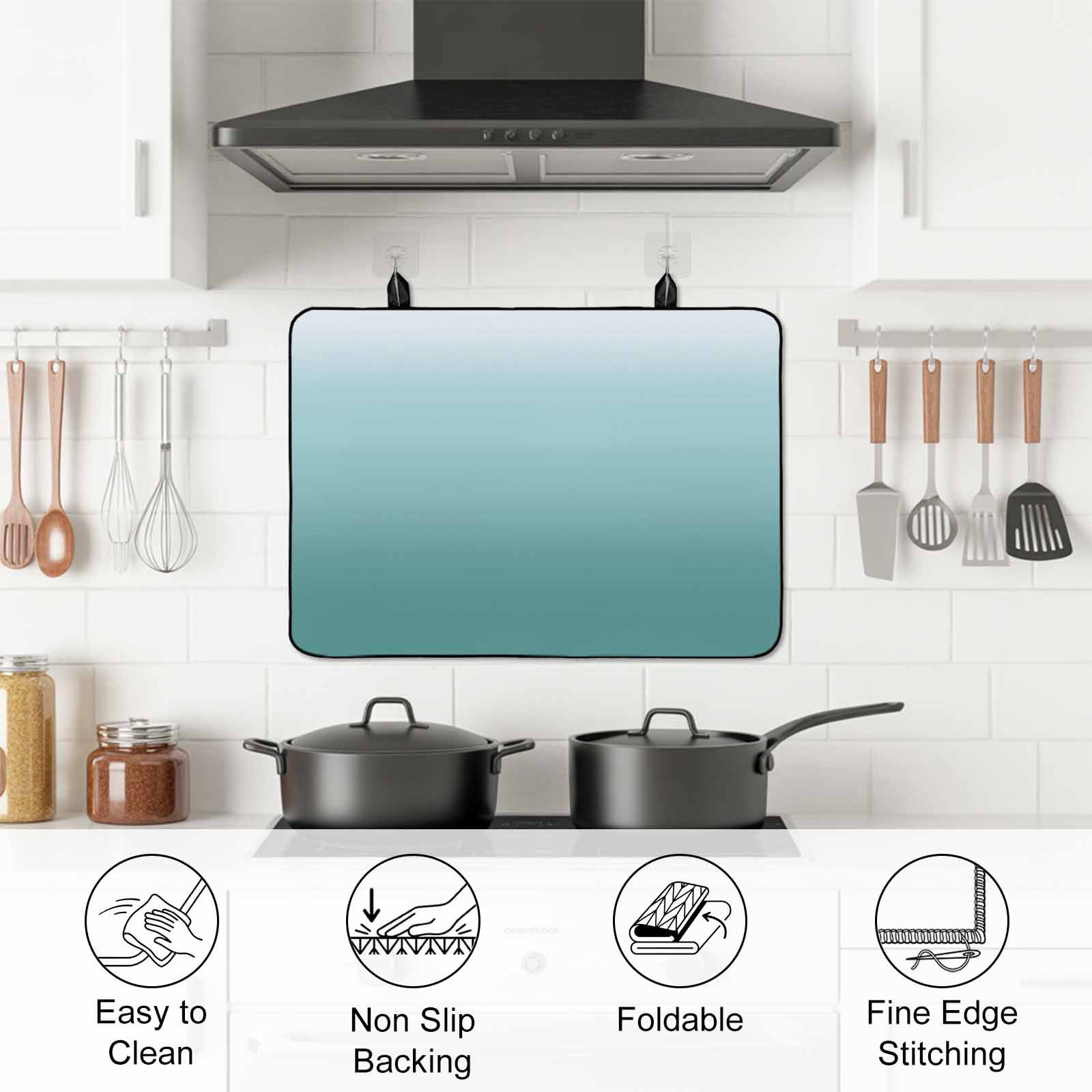 Turquoise Ombre Stove Top Cover for Electric Stove, Heat-proof & Non Slip Glass Top Stove Cover Protector, Teal White Gradient Modern Abstract Art Kitchen Flat Cooktop Rubber Mat 31x24 Inches