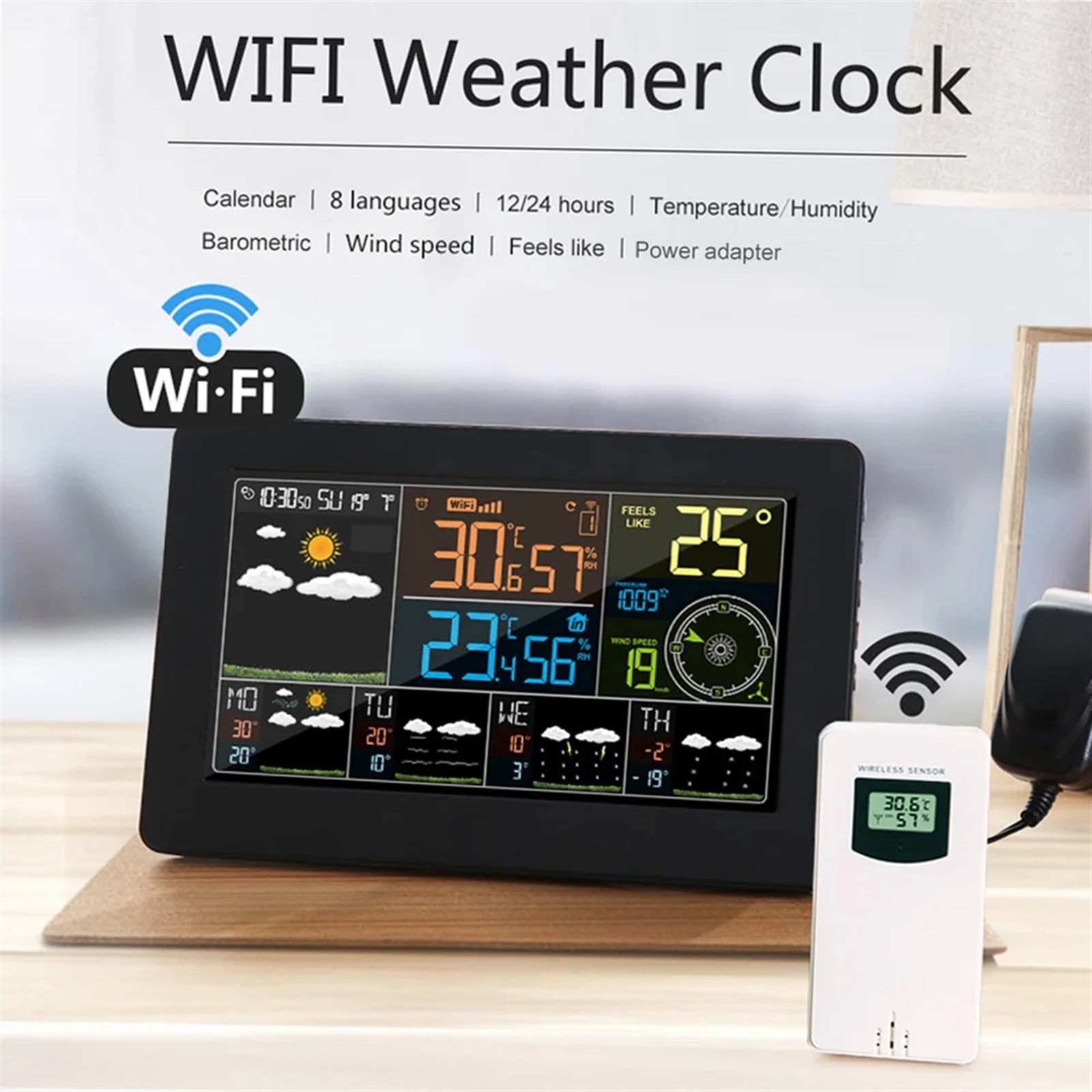 Smart Weather Station Indoor Outdoor Temperature Humidity Barometric Wind Speed Display APP Control Multifunctional Clock
