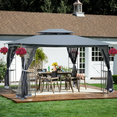 CoSoTower 13X10 Outdoor Patio Gazebo Canopy Tent With Ventilated Double Roof And Mosquito Net(Detachable Mesh Screen On All Sides),Suitable For Lawn, Garden, Backyard And Deck,Gray Top