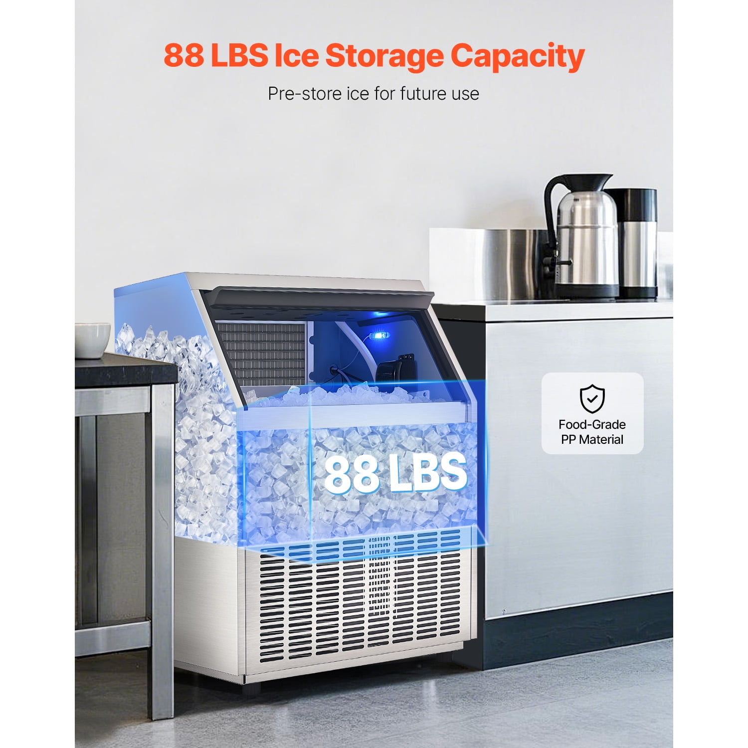KFFKFF 440lbs/24H 160 Ice Cubes with 88lbs Storage Capability Commercial Ice Maker Machine Stainless Steel Under Counter ice Machine 27.76 in W, 45.47 in H with Auto Clean