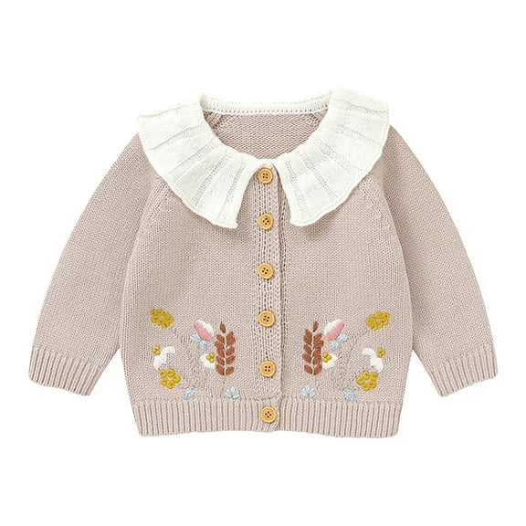 Mercatoo Baby Girls Knit Cardigan Sweater Floral Embroidery Collar Cardigan Button Up Knitted Sweater Jacket Fall Outerwear
