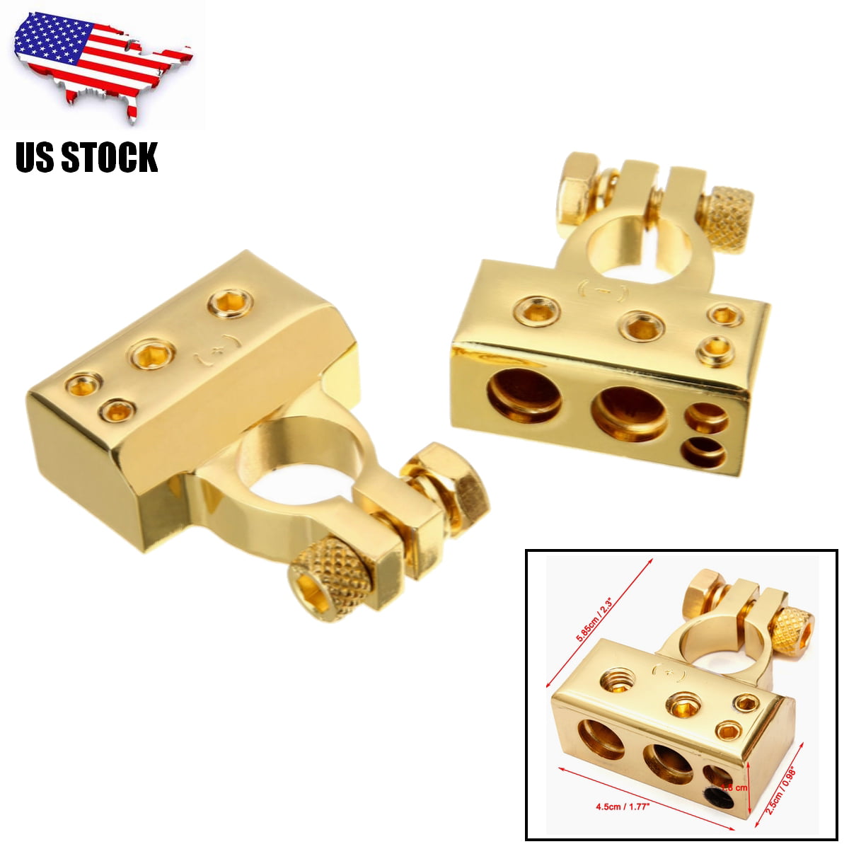 2 x Battery Terminal Clamps Positive+Negative Plated Car Auto 4/8 Awg Gauge Gold 