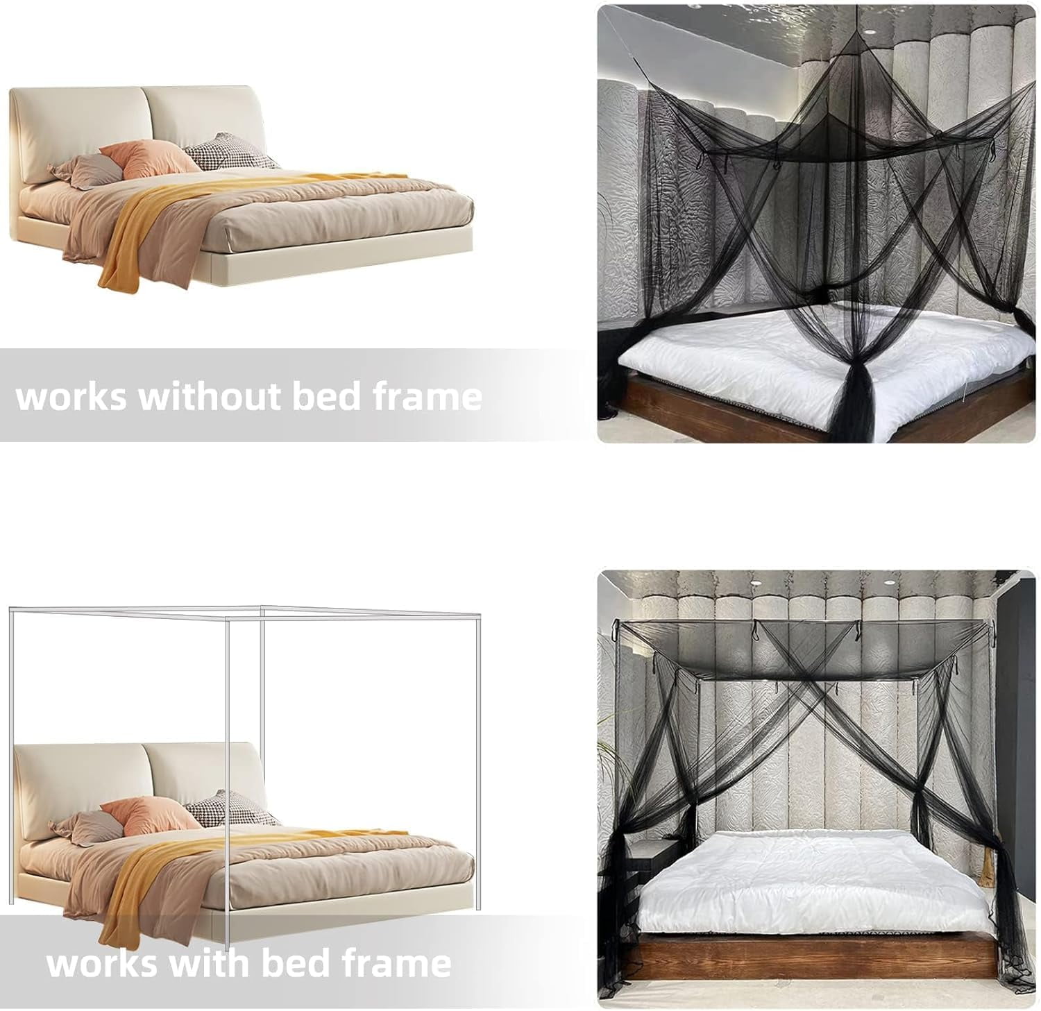 Mosquito Net Bed Canopy for Double Bed, Black Netting Four Corner Post Curtains Bed Drape Elegant Mosquito Net