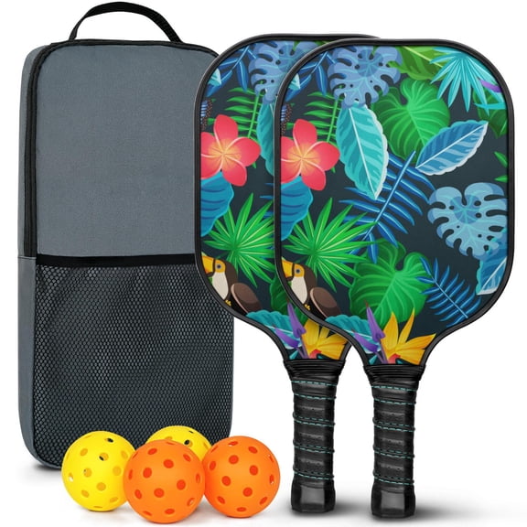Pickleball Paddles Set Of 2, Fiberglass Surface, Tropical Jungle Print, 4 Balls & Bag