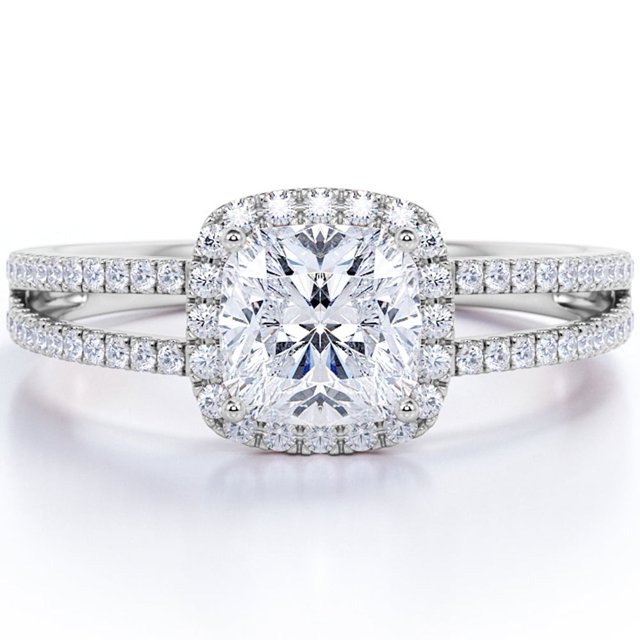 JeenMata Anillo de Compromiso de Moissanita de Corte Cojín de 1,25 Quilates, con Halo y Cuerpo Dividido, Chapado en Oro Blanco de 18 K sobre Plata