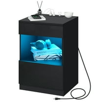 Hommpa Modern Nightstand with Charging Station USB Port Type C AC Outlets High Gloss Bedside Table LED Light 2 Drawer Smart Nightstands Open Shelf Black Side Table for Bedroom Living Room 23.6 in Tall