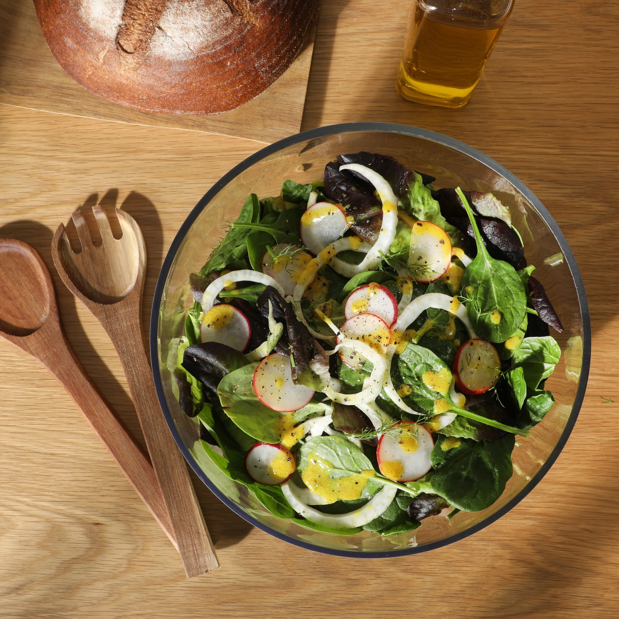 Gibson Elite Wildgreens Large Glass Salad Bowl Set with Marble Base and Acacia Serving Utensils