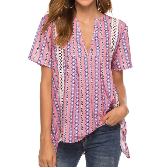 Xuanfei Women Bohemian Floral Print V Neck Short Sleeve Cut Out Asymmetric Hem Top