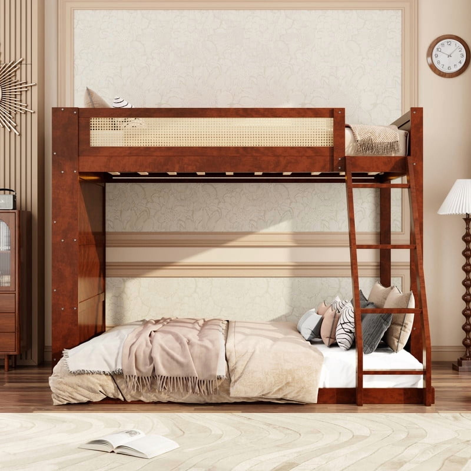 Twin-Over-Full Bunk Bed with Built-in Ladder & LED Strip, Storage Wooden Bed Frame with Bookshelf & Rattan Guardrail