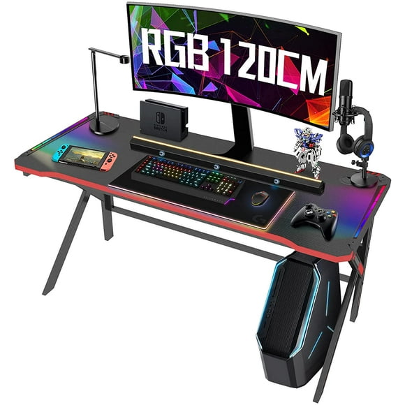 UTAH-Gaming Desk, RGB Light PC Computer Gaming Desk, 120x60cm(47x24inch) Home Office Study Desk with Carbon Fiber Surface/Steel Frame/Cable Management/Large Mouse Pad, Workstation Table, Bureau Gamin